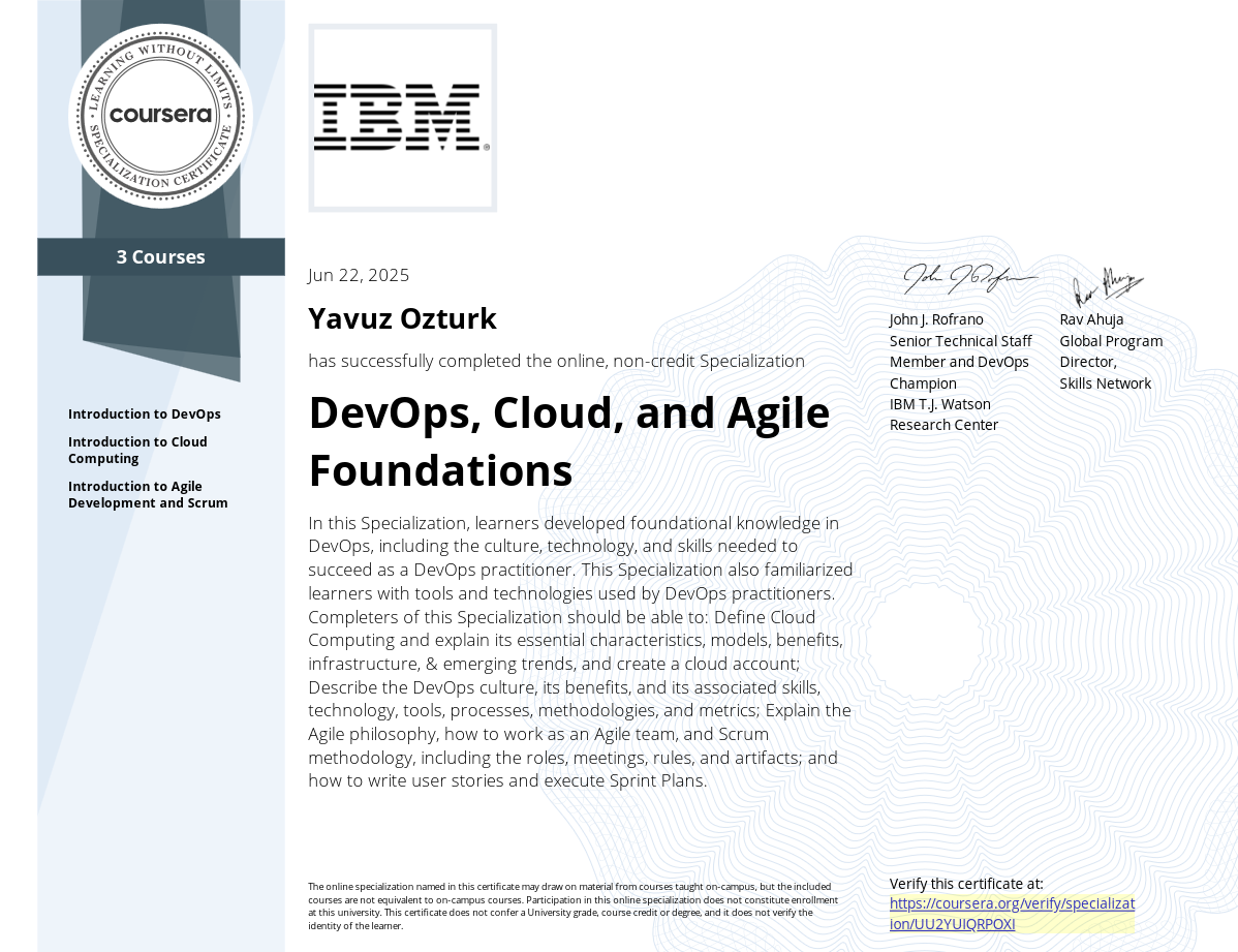Visuel du certificat IBM DevOps, Cloud, and Agile Foundations