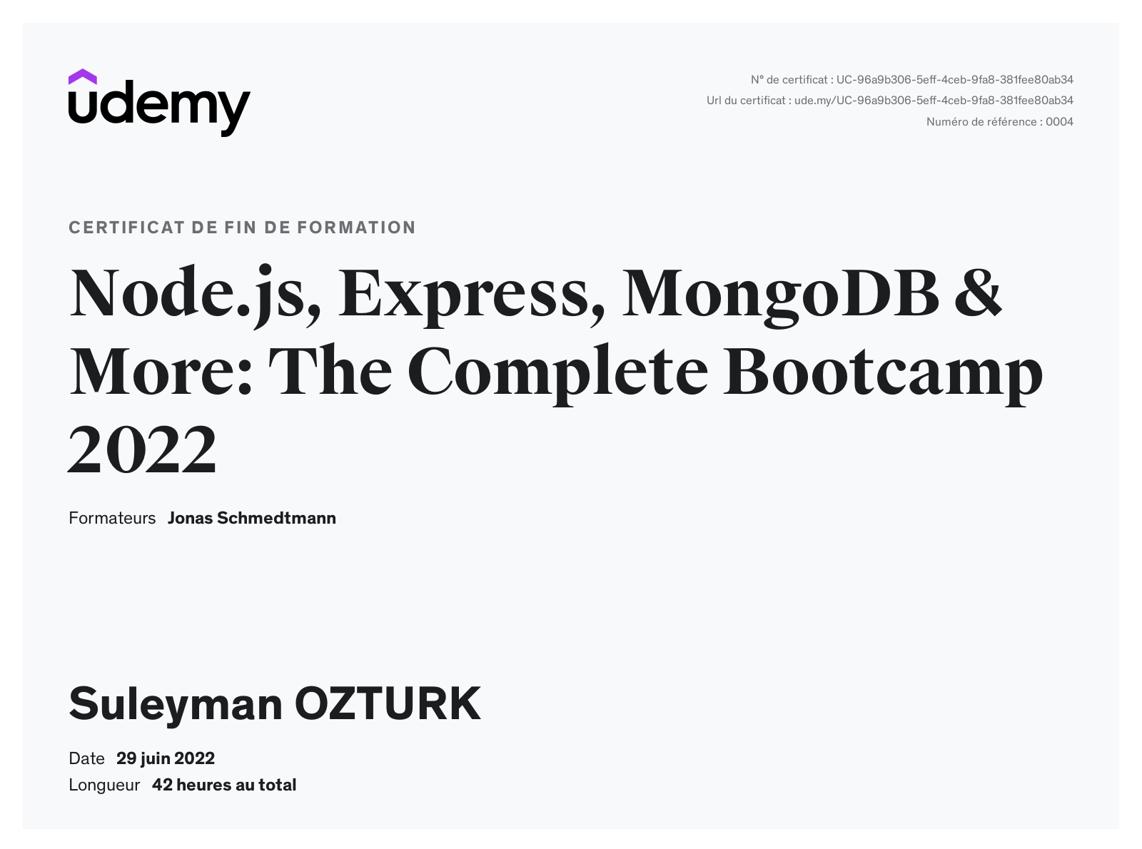 Visuel du certificat Node.js, Express, MongoDB & More: The Complete Bootcamp