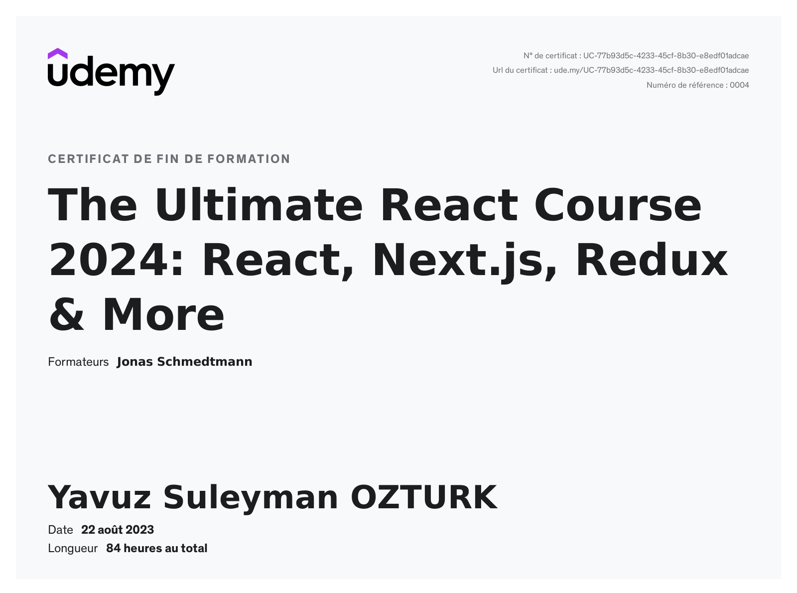 Visuel du certificat The Ultimate React Course 2025: React, Next.js, Redux & More